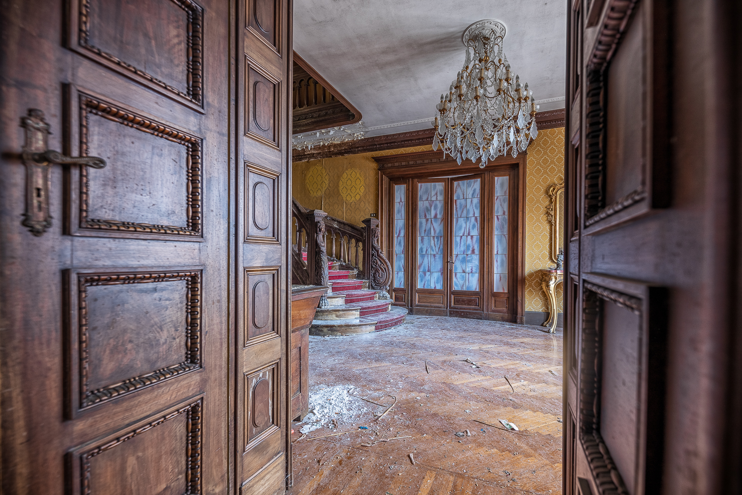 The Red Staircase of an Abandoned Villa in Italy