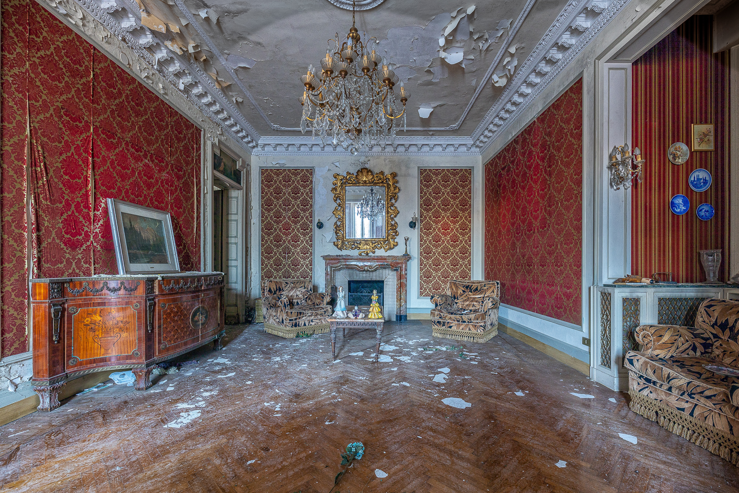 The Red Staircase of an Abandoned Villa in Italy