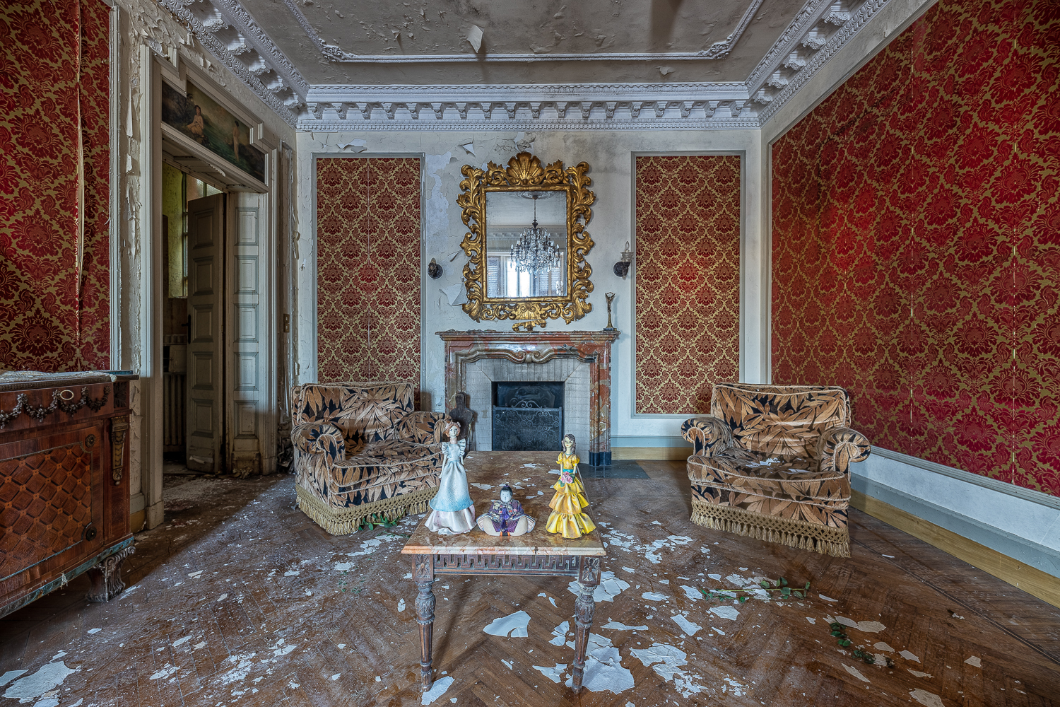 The Red Staircase of an Abandoned Villa in Italy